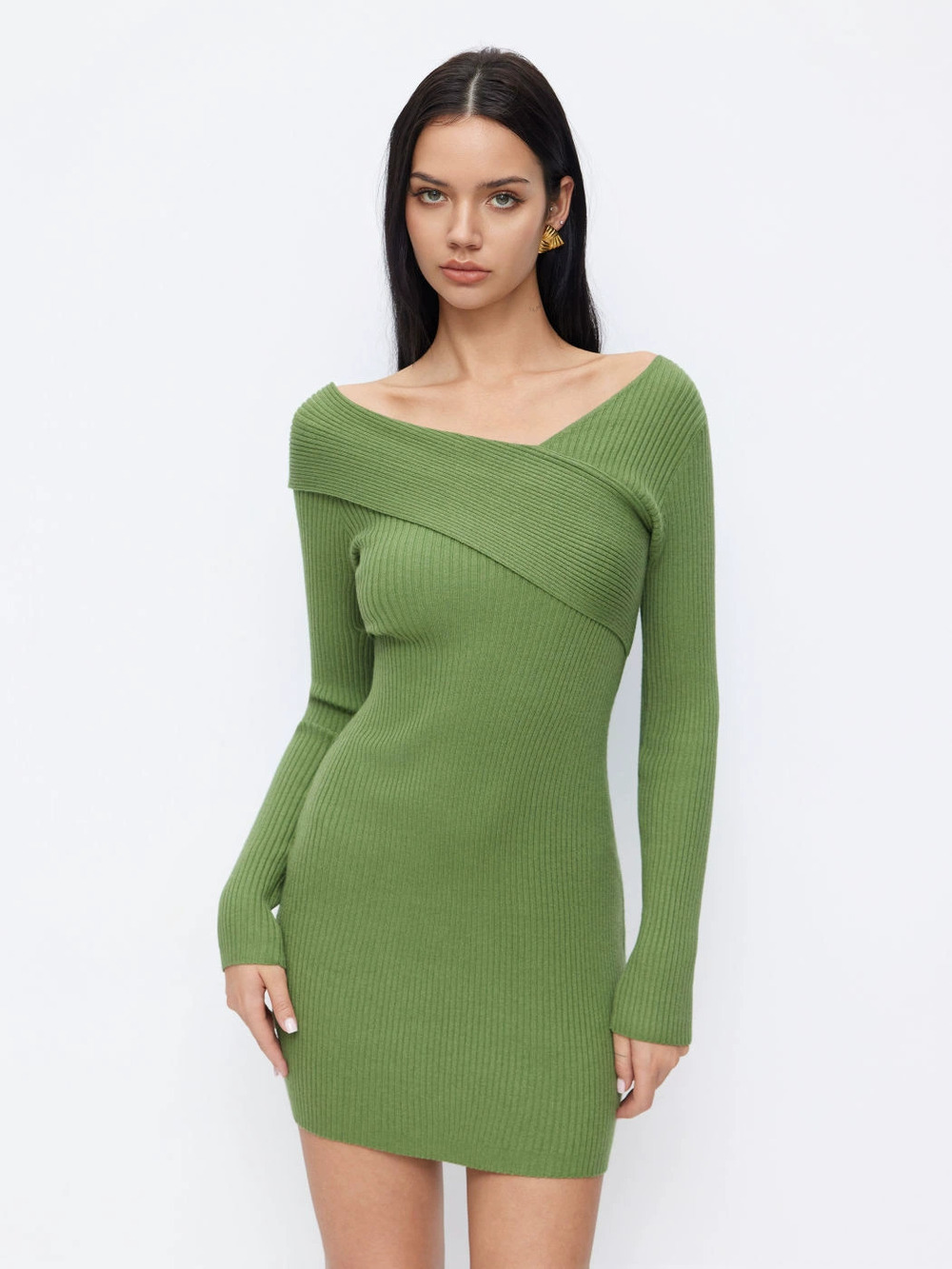 Zara Green Off Shoulder Bodycon Short Knit Dress